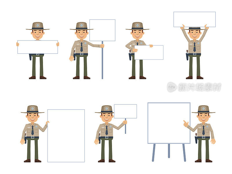 Set of sheriff characters posing with different blank banners. Cheerful police officer holding paper, poster, placard, pointing to whiteboard. Teach, advertise, promote